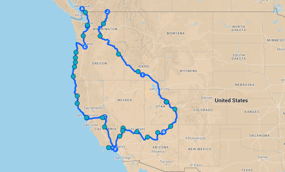 Itinéraire road trip côte Ouest des Etats-Unis 