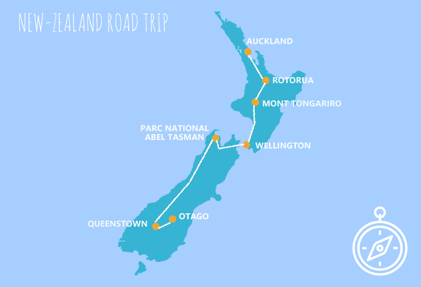 carte de l'itineraire d'un road trip en Nouvelle Zélande 